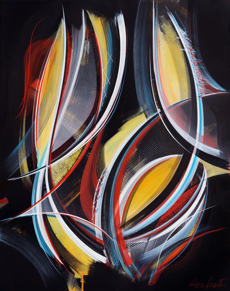 Abstract painting strokes yellow, red, blue and black by French artist Romain Froquet