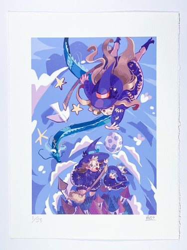 Witches digital drawing blue and purple color printed on paper in limited edition by Hong kong street artist Bao Ho