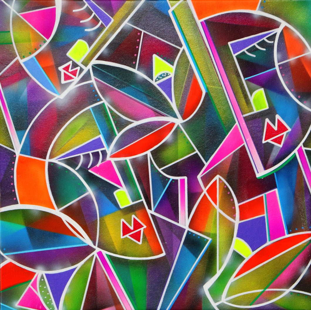 Geometric art neo cubism colorful asbtract painting on canvas by french artist Julien Raynaud